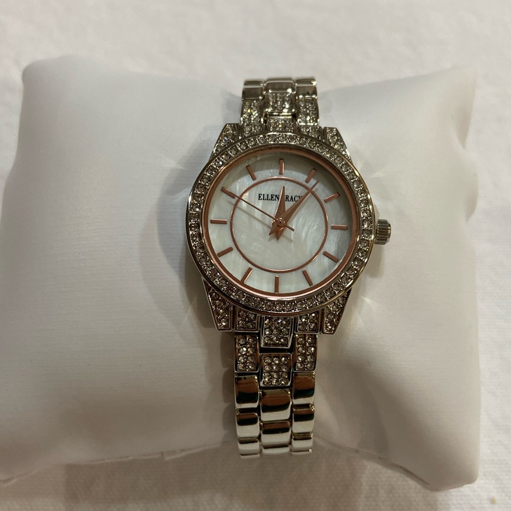 Ellen Tracy Watch Silver w/white dial & stone bezel